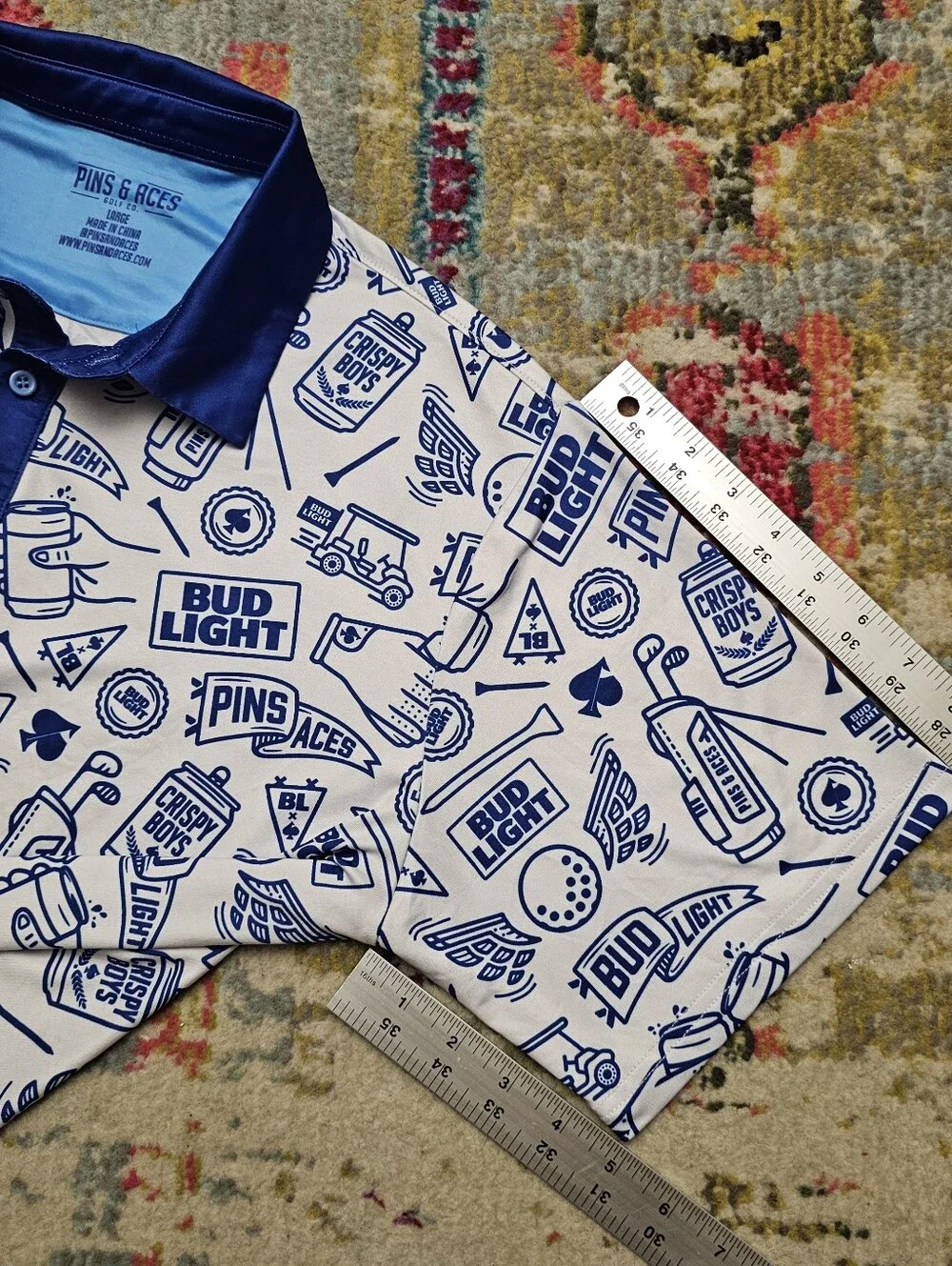 Pins & Aces Bud Light Crispy Boys Golf Polo Mens Large White Blue All Over Print